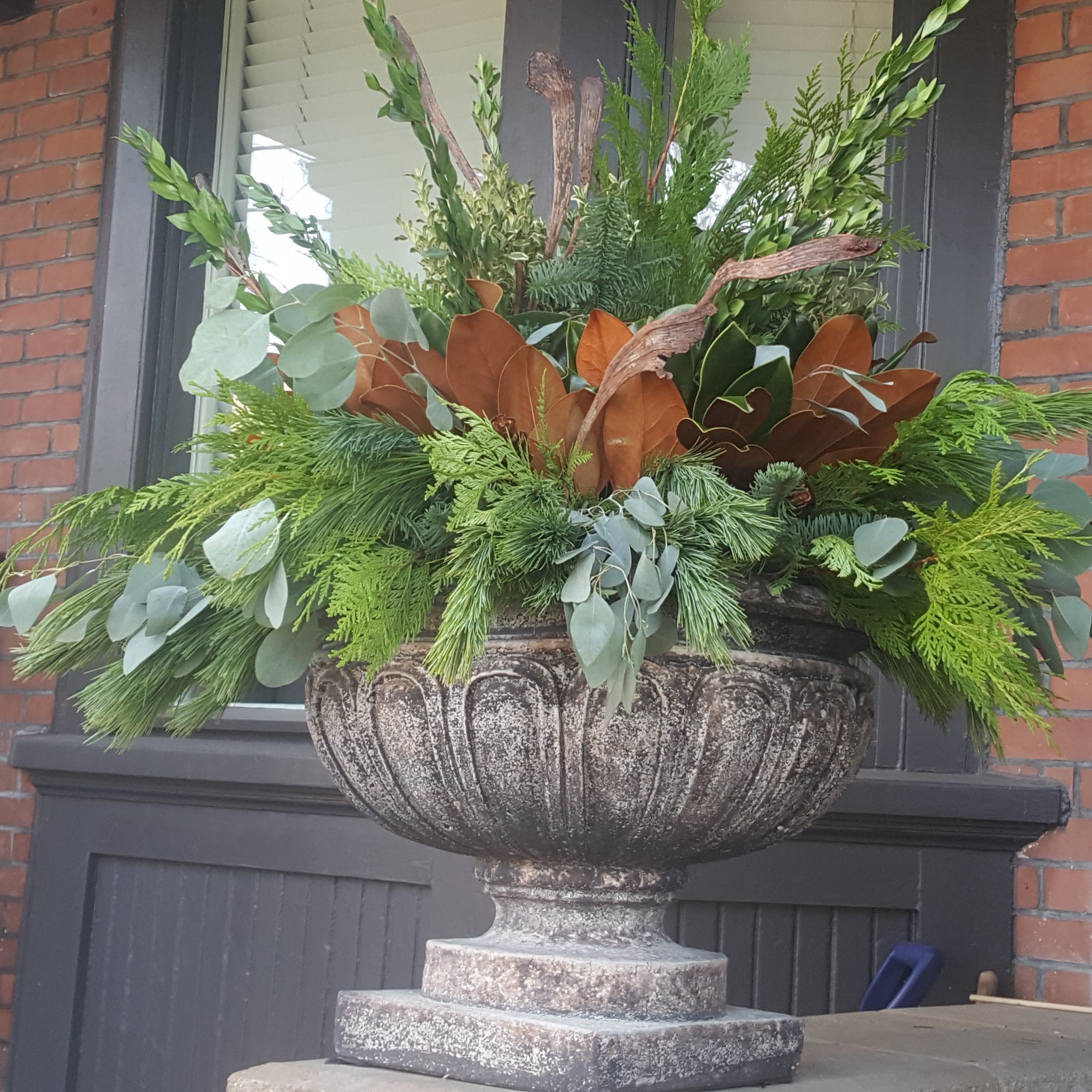 Winter Planter with Loads of Natural Ornaments